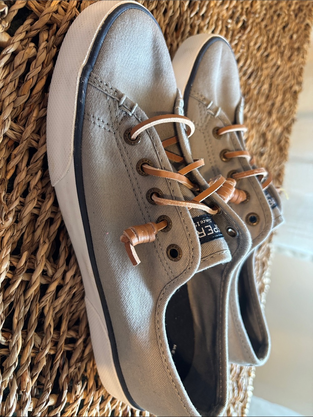 Sperry Light Gray Canvas Boat Shoes with Tan Leather Laces